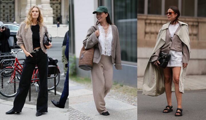 海外セレブのトープカラーのカーディガンコーデ