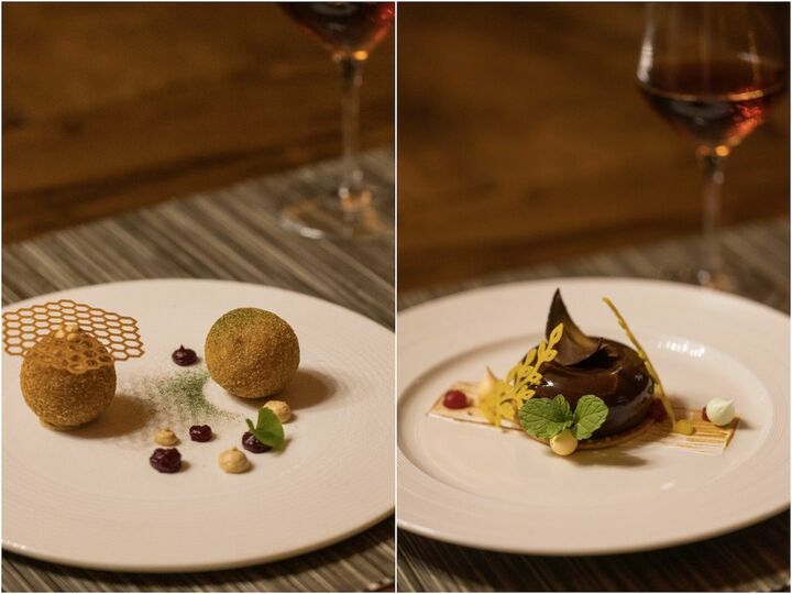 マンダリン・フランジパニ＆ハニーティーの茶葉でスモークした羊のチーズとビーツを入れたアランチーニ。デザートはアールグレイを入れたガナッシュにグルテンフリーの生地を敷いたケーキ。