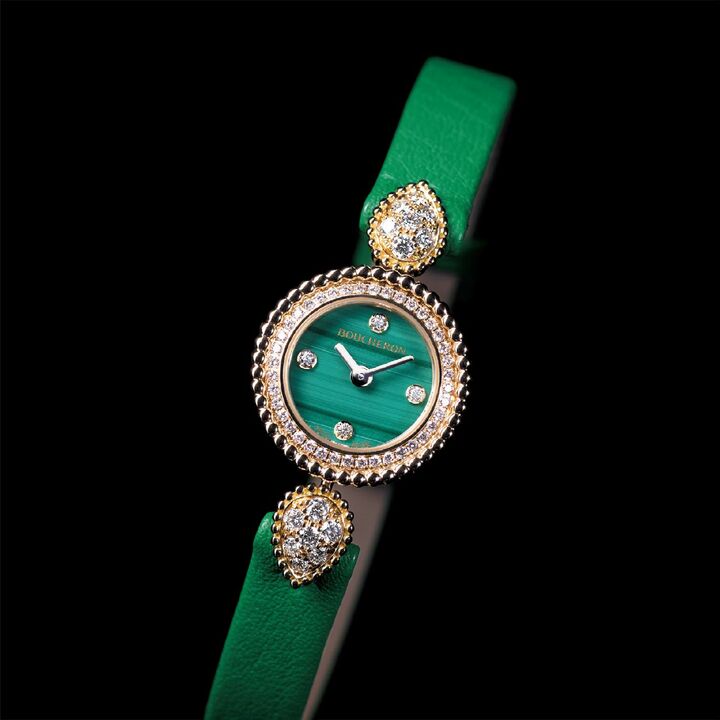 時計『セルパンボエム』￥1,510,000　●ケース：イエローゴールド×ダイヤモンド　●ケース径：17.6mm　●ストラップ：カーフ　●クオーツ（ブシュロン カスタマーサービス）　［Precious2019年7月号198ページ］