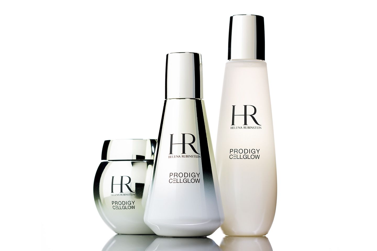 左から/プロディジー CELグロウ クリーム 50g ¥33,000・プロディジー CELグロウ エッセンス エマルジョン 100ml ¥50,000・プロディジー CELグロウ エッセンス ローション 125ml ¥15,000