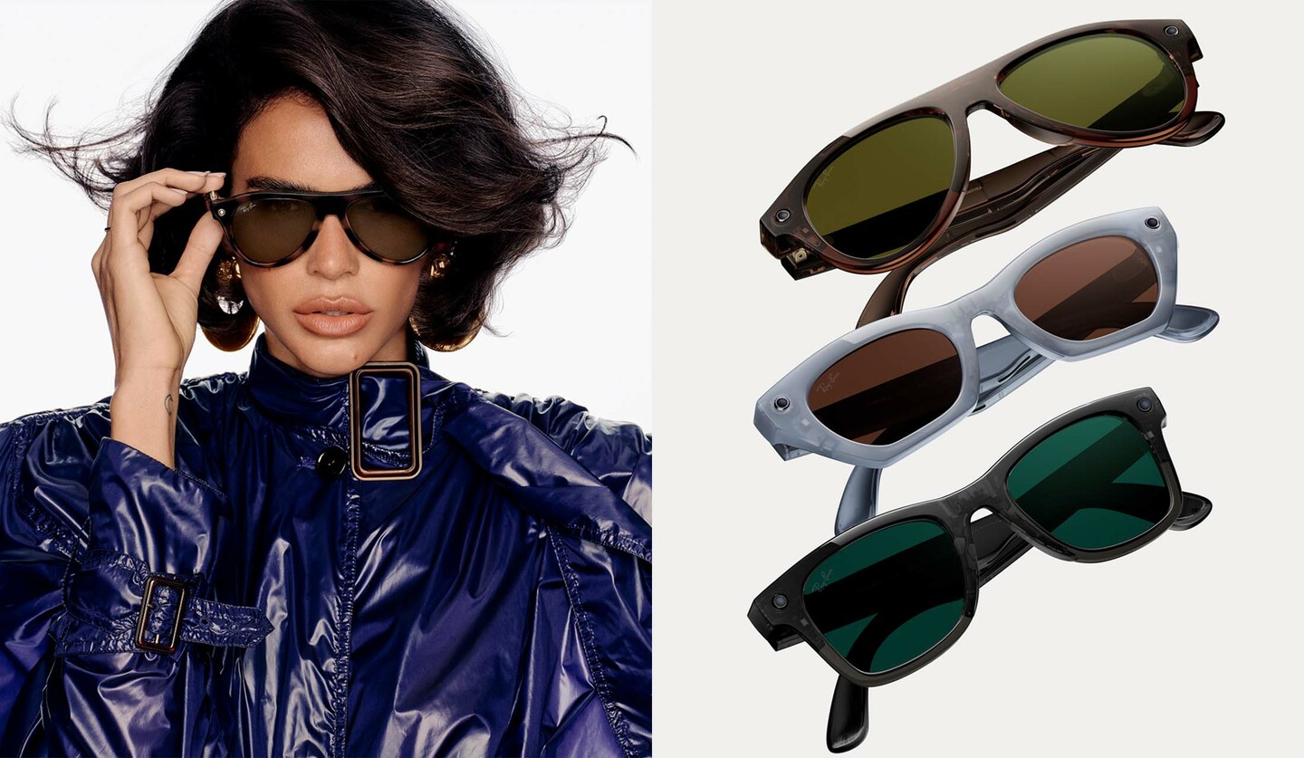 レイバン メタの「Ray-Ban Meta（Gen 3）」を着用した女性と商品カット