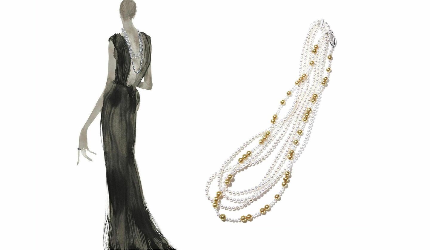 「清美堂真珠」の白とイエローの幾重にもなるネックレスとそれに合わせた水墨画の写真