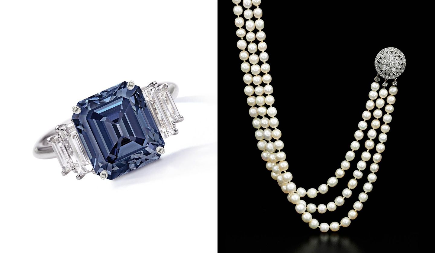 5カラットのファンシー・ビビッド・ブルーダイヤモンドと199粒の天然真珠ネックレスの写真