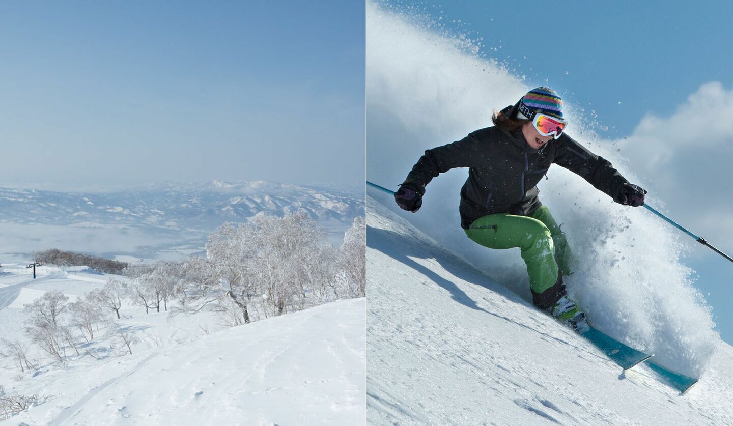 北海道ニセコの雪山と、スキーを楽しむ秋山さんの写真。