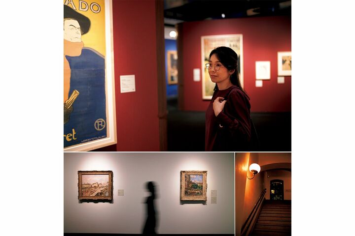 夜の美術館で作品と対峙する鮫島さん。絵画の女性の表情から洋服のディテールまでじっくり鑑賞。館内の階段や窓から見える中庭も情緒があり、昼間とは違う表情に。