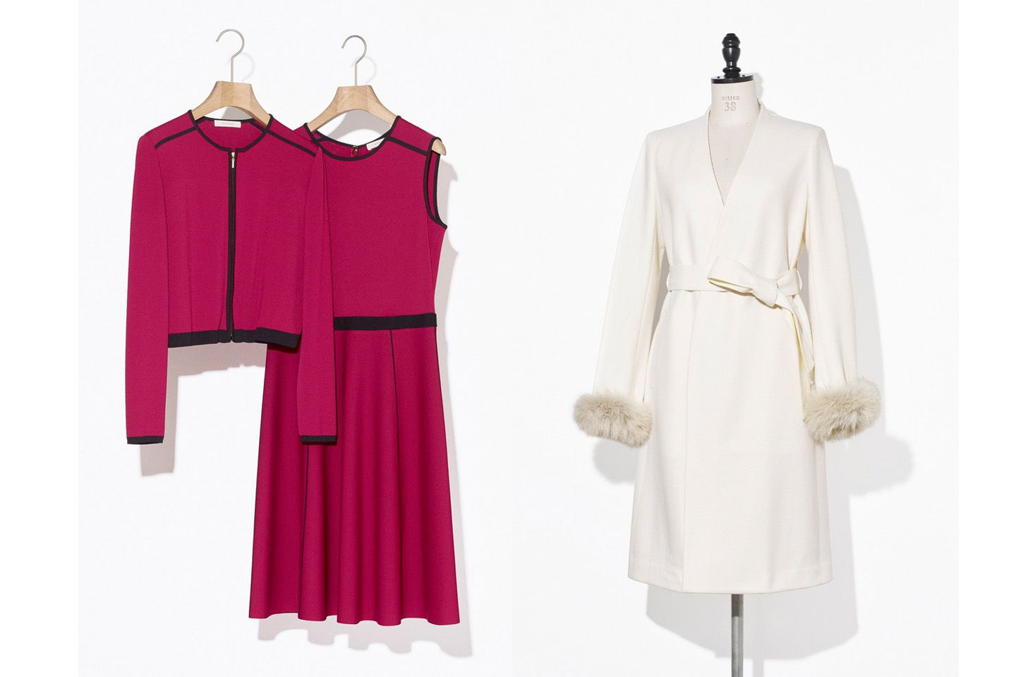 左/EPOCAのカーディガン¥47,000・ドレス¥77,000・右/E_EPOCA THE SHOPのコート¥39,000
