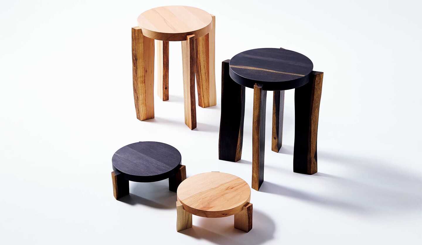 「中川政七商店」と「木と暮らしの制作所」、デザイナーの倉本仁さんによる木端のスツールとミニテーブル