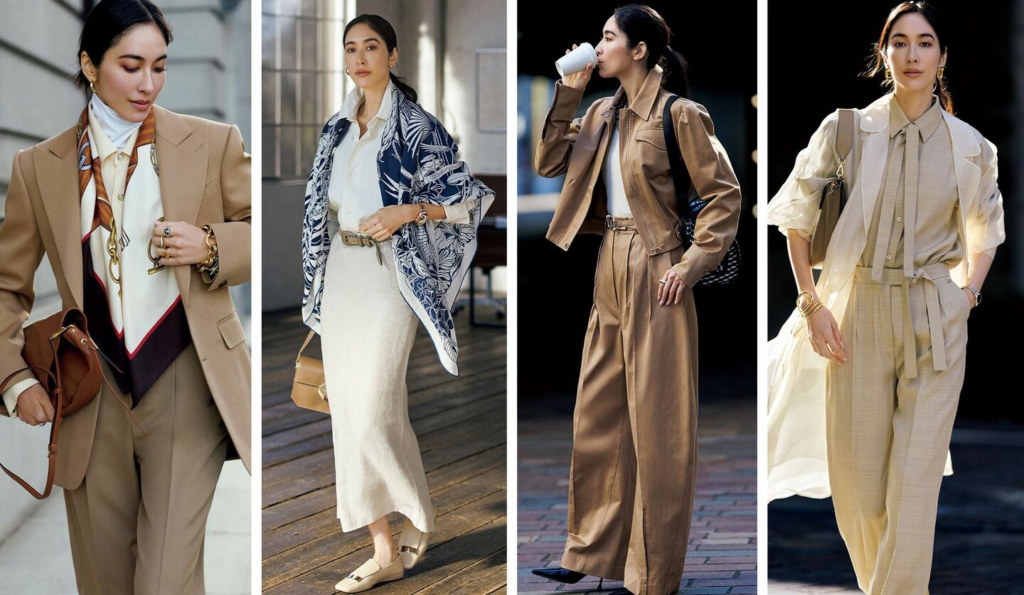ベージュの「ジャケット」「ブルゾン」「ボトム」「ブラウス」が主役のコーディネート