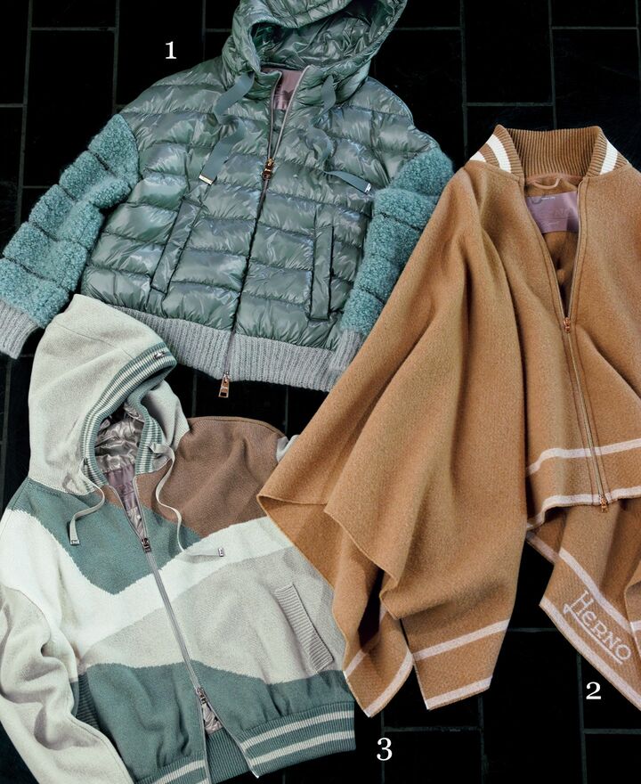 1.パステルグリーンのダウンブルゾン¥185,900、2.ショートケープ¥99,000、3.ニットパーカ¥170,500(ヘルノ・ジャパン)