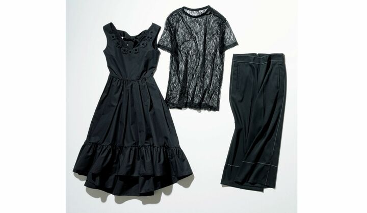 ●左/フレアワンピース¥630,000(フェンディ ジャパン) 中/レーストップス¥16,000(ウィム ガゼット青山店〈エルピーシー〉)右/ガウチョパンツ¥52,000(東レ・ディプロモード〈セブンティ〉)