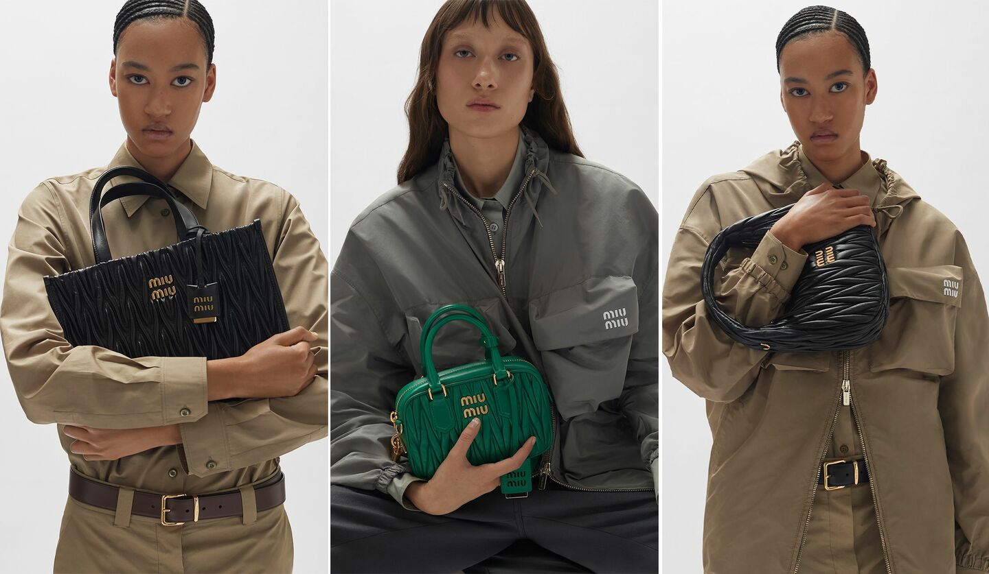 ミュウミュウ「マテラッセレザー」コレクションの新作バッグを持った3人の女性モデル