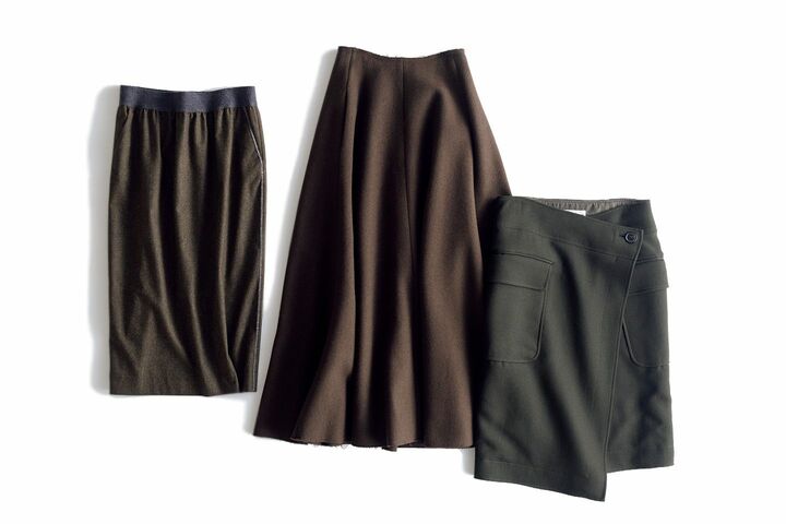 左から／スカート￥84,000（アオイ〈ファビアナフィリッピ〉）、スカート￥59,000（ビームス ハウス 丸の内〈エイトン〉）、スカート￥39,000（アマン〈アンスクリア〉）　[Precious2019年1月号127ページ] 　撮影／佐藤 彩