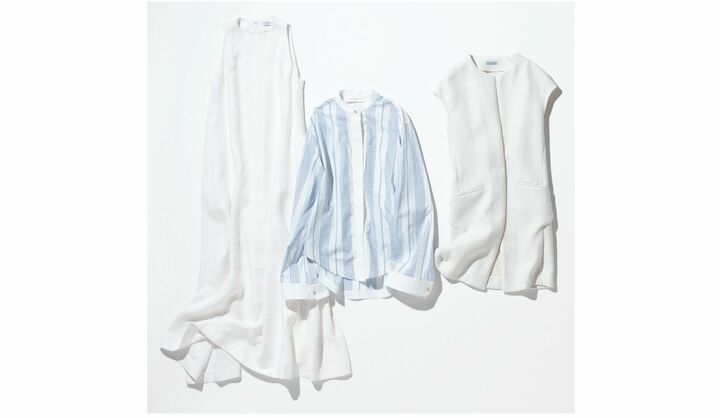 ●左/マキシワンピース¥229,000(Nobuko Nishida) 中/ストライプ柄のコットンシャツ¥69,000(コロネット〈アキラーノ・リモンディ〉) 右/ロングジレジャケット¥308,000(三崎商事〈マロ〉)
