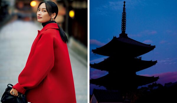 大政 絢さんが纏う、落ち着いた『京都』の街並みに映える鮮やかな赤のセットアップ