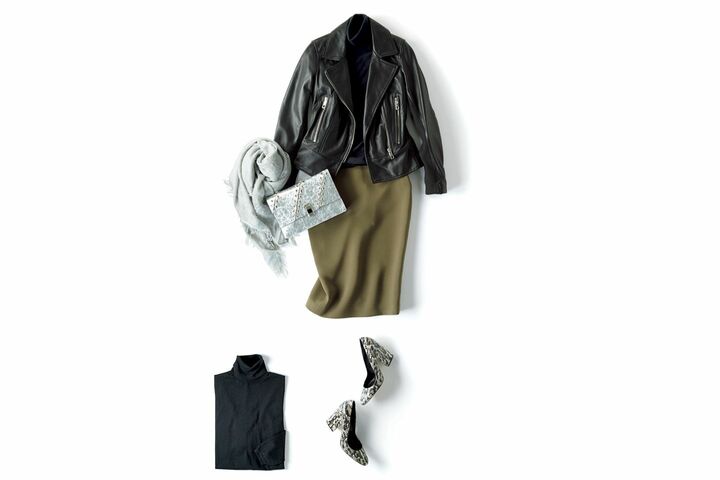 ニット［素材：シルクカシミヤ］（クルチアーニ 銀座店）、ライダースジャケット（ヴァルカナイズ・ロンドン〈ウィッスルズ〉）、スカート・ストール（アノア〈リビアナ・コンティ〉）、バッグ（Pred PR〈プロエンザ スクーラー〉）、靴（セルジオ ロッシ）