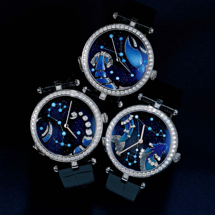 上／かに座・中／うお座・下／さそり座『レディ アーペル ゾディアック リュミヌー』各￥16,500,000　●文字盤：グリッターブルーエナメル×ホワイトゴールド×ダイヤモンド　●ケース：ホワイトゴールド×ダイヤモンド　●ケース径：38mm　●ストラップ：グリッターブルーアリゲーター　●ムーブメント：自動巻き　●パワーリザーブ：40時間（ヴァン クリーフ&アーペル）　[Precious2019年3月号234ページ] 