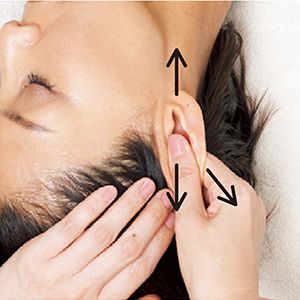 リラックスモードに入れるよう、耳を持ち、斜め上、真上、下へと順に心地よいと感じる強さで引っ張って終了。