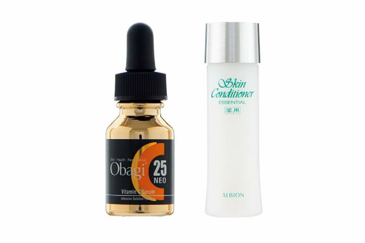左から／ロート製薬 オバジC25セラムネオ 12ml ￥10,000、アルビオン 薬用スキンコンディショナー エッセンシャル 165ml ￥5,000［医薬部外品］