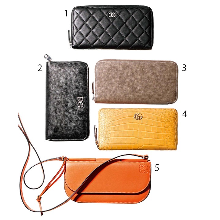 長財布 1.￥124,000【縦10.4×横19.4×マチ2cm】（シャネル）、2.￥81,000【縦11×横19.5×マチ3cm】（ドルチェ＆ガッバーナ ジャパン）、3.￥138,000【縦11.5×横20×マチ1.5cm】（エルメスジャポン）、4.￥530,000【縦11×横19.5×マチ3cm】（グッチジャパン）、5.￥119,000【縦10.5×横21×マチ2.7cm】（ロエベ）　[Precious2019年1月号131ページ] 　