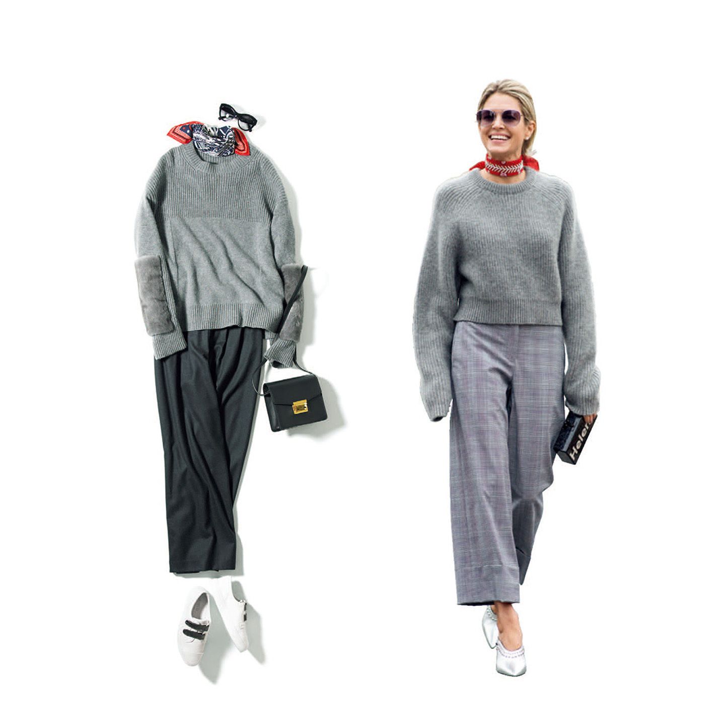 左/ニット¥299,000(三喜商事〈アニオナ〉)、パンツ¥26,000(エンフォルド)、バンダナ¥37,000(エルメスジャポン)、サングラス¥37,000(シャネル アイウェア事業部)、靴¥20,000(ハイブリッジ インターナショナル〈Amb〉)、バッグ¥28,000(ファビオルスコーニ 六本木店〈ファビオルスコーニ〉)右/ヘレナ・ボードン©AFLO
