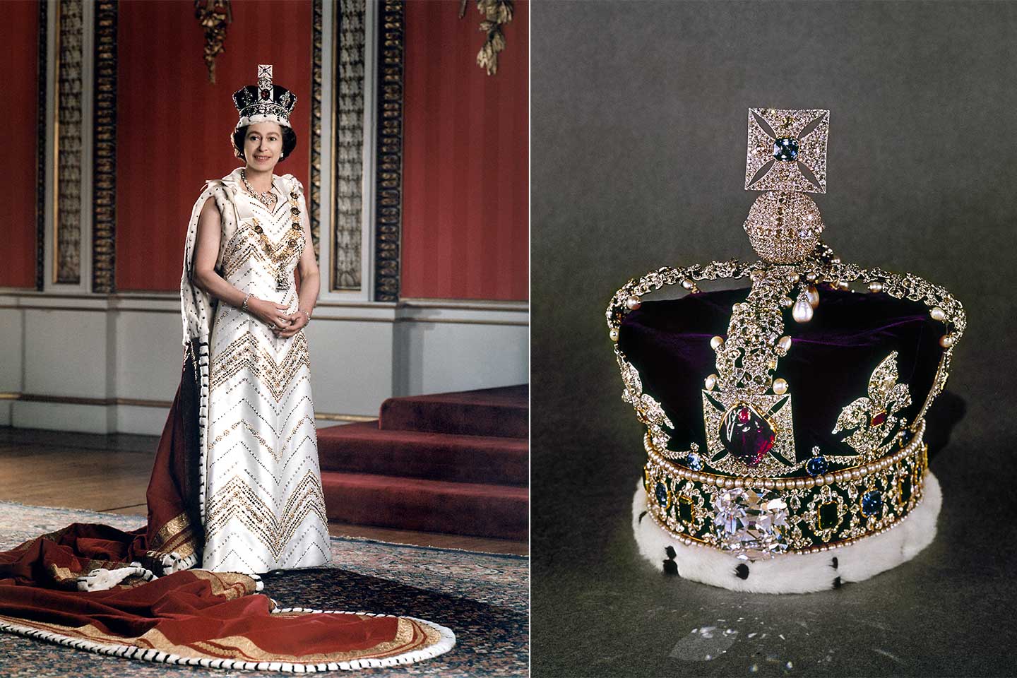 左/1960年代に大英帝国王冠をかぶったエリザベス女王。右/「カリナンⅡ」が配された大英帝国王冠 ©AFLO