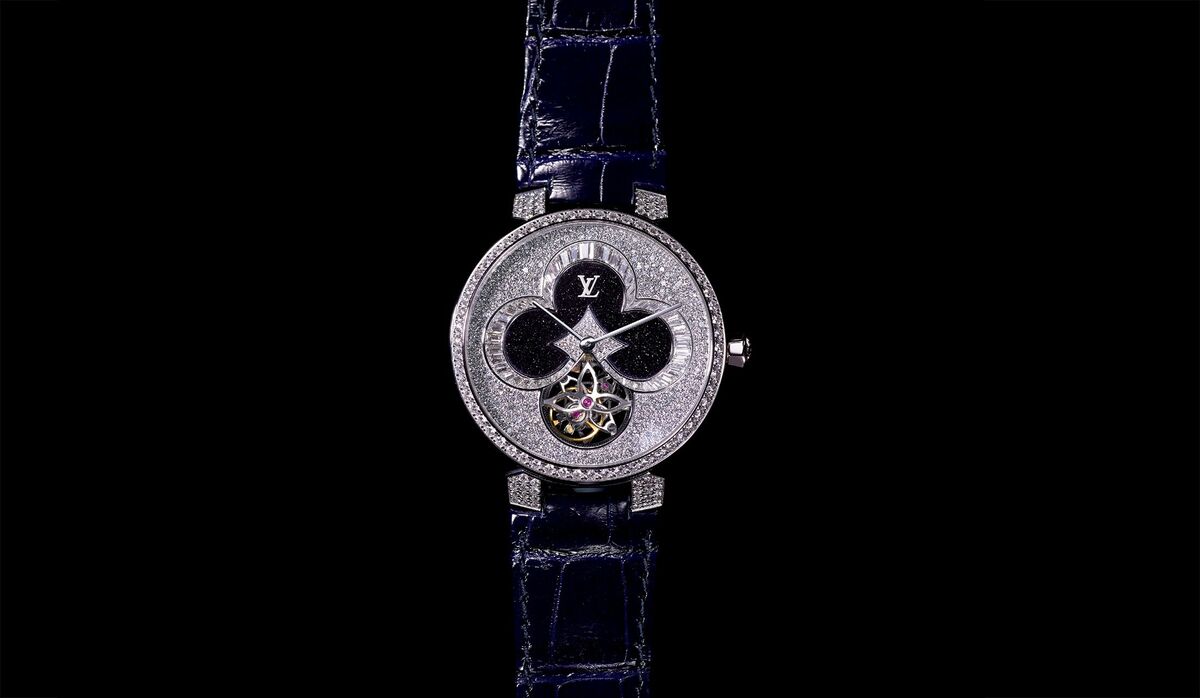 【ルイヴィトン】　腕時計、タンブール、スリム　メタリックフラワー　アリゲーター ルイ・ヴィトン限定腕時計「タンブール スリム」虹色ストーン文字盤