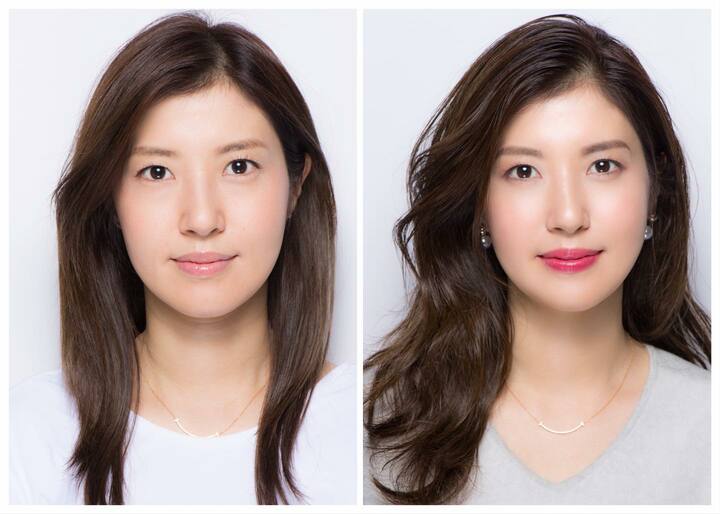 チークの色みがあまり感じられず平坦で頰が間延びして見えるセルフメイクから、ナチュラルながらもしっかりと血色感とメリハリを与え、頰の長さやもたつきを感じさせない長井メイクへ。
