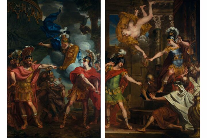 左/『A dispute between Achilles and Agamemnon(アキレスとアガメムノンの口論)』、右/『Paris and Apollo kill Achilles, hitting him with an arrow in his heel(パリスとアポロが、アキレスの踵に矢を向け命を狙う)』
