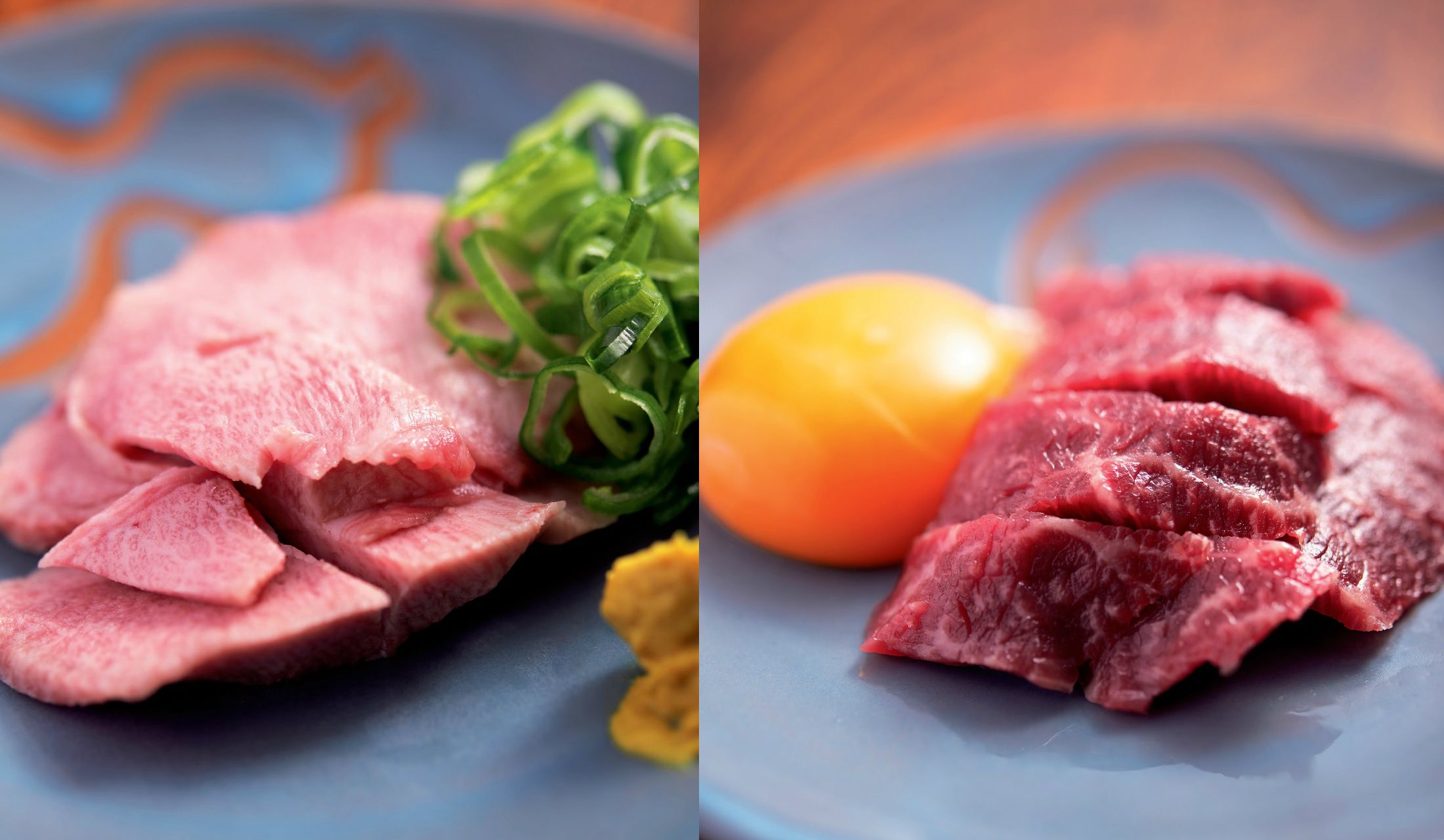 写真左は、新鮮な「ツンゲ(タン)の刺身」。写真右は自家製しょうゆダレと卵黄をからめて食べる「赤身の刺身」