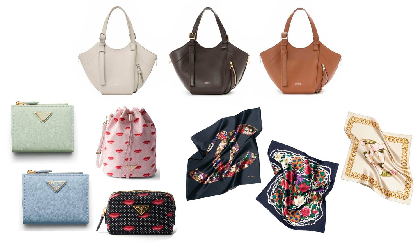 ロエベのバッグ「ハンモック フリップ」、プラダの小物、シャネルのシルクサテンスカーフ