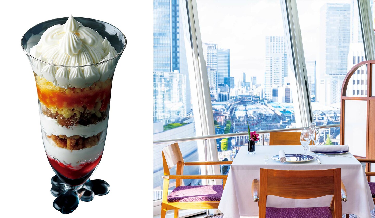 「東京會舘 銀座スカイラウンジ」のパフェと店内