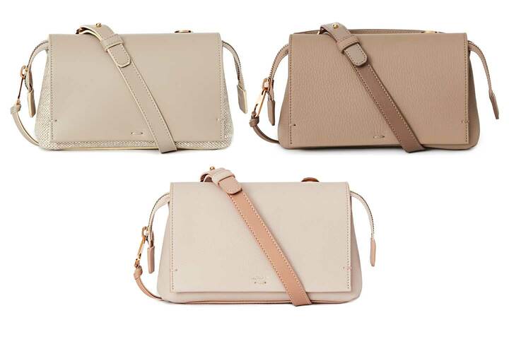 ボディクロスバッグ左／リネン×ナッパ￥183,000、中・右／カーフ×ナッパ￥189,000[W22×H14×D8]（三喜商事〈アニオナ〉）