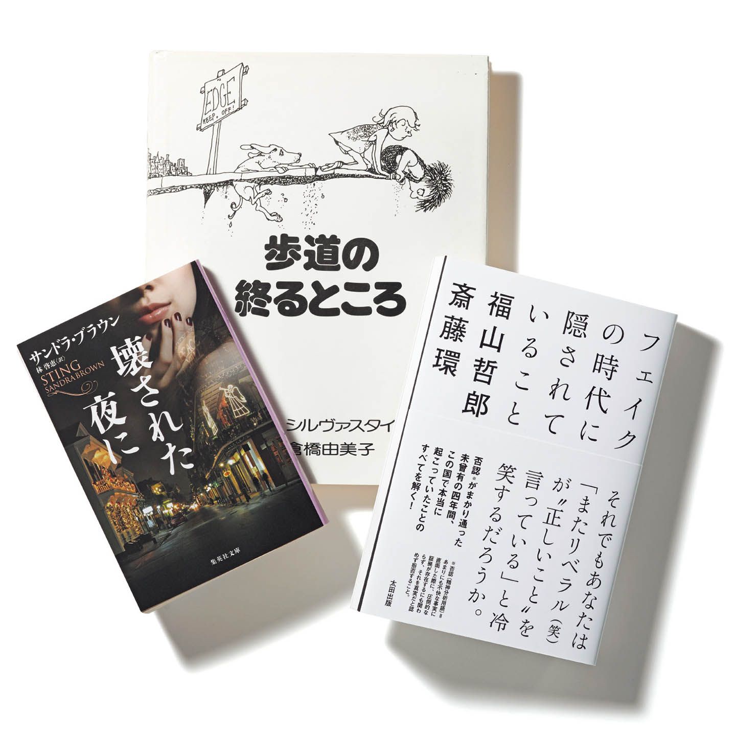 左から/『壊された夜に』著=サンドラ・ブラウン 集英社文庫 ¥1,200、『歩道の終るところ』詩・絵=シルヴァスタイン 訳=倉橋由美子 講談社 ¥1,800、『フェイクの時代に隠されていること』著=福山哲郎、斎藤 環 太田出版 ¥2,200