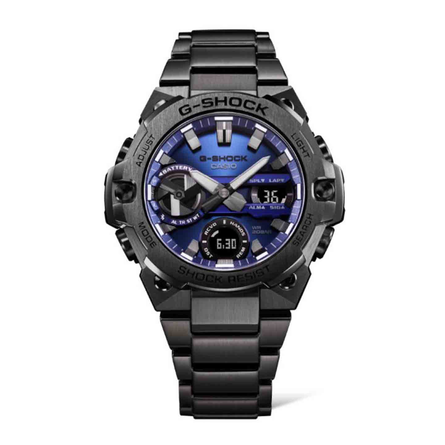 GST-B400BD(ブルー)SPEC●防水性:20気圧防水 ●使用電源:タフソーラー(ソーラー充電システム)●通信規格:Bluetooth® low energy ●サイズ:縦46.6×横49.6×厚さ12.9mm ●重量:約80g (GST-B400)、約160g(GST-B400D/B400AD/B400BD)¥68,200 ※税込、5月21日発売