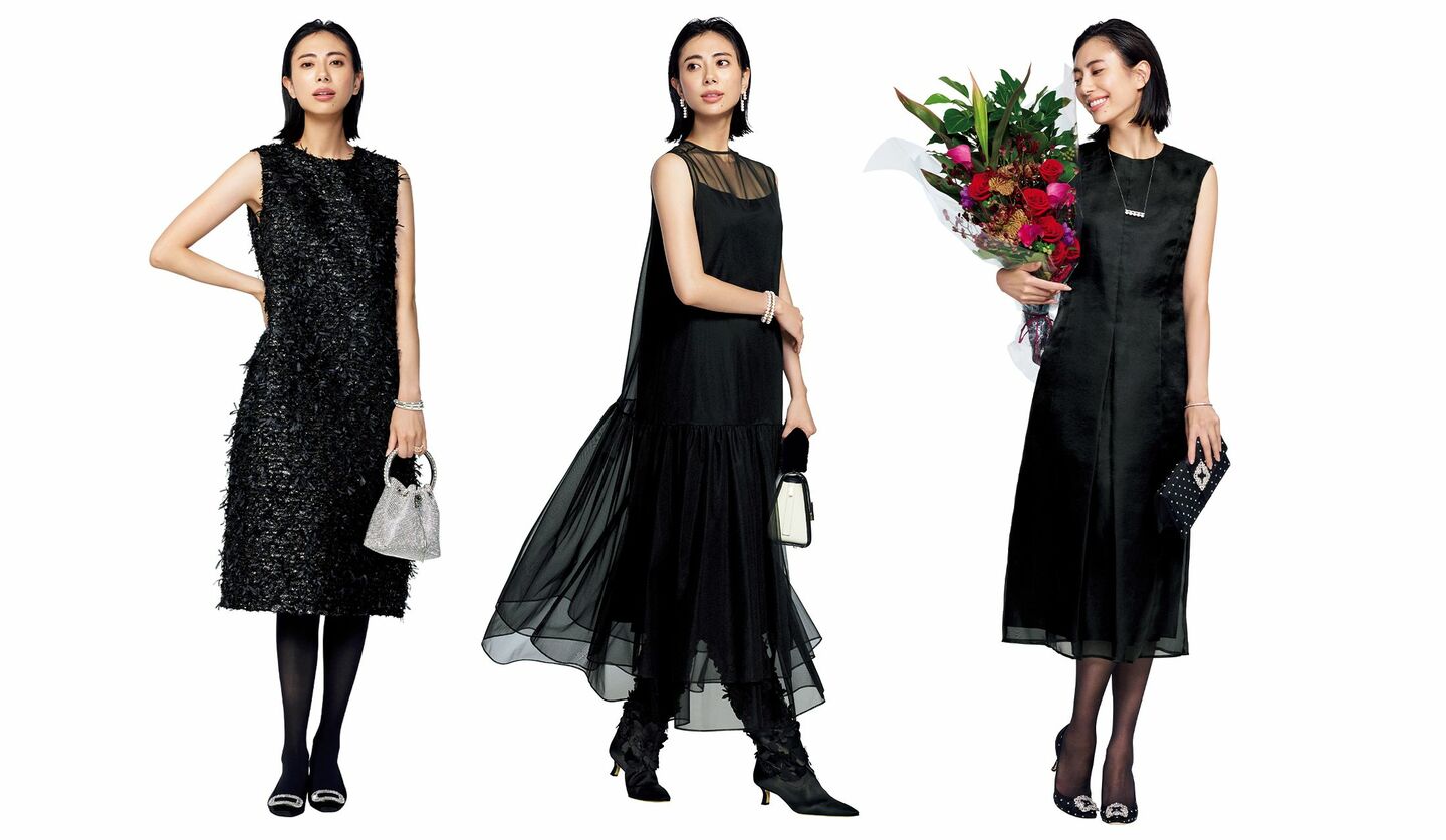 「エステータ」「サヴィル サヴィ」「オーヴィル」のリトルブラックドレスを着用したモデルの土屋巴瑞季さん