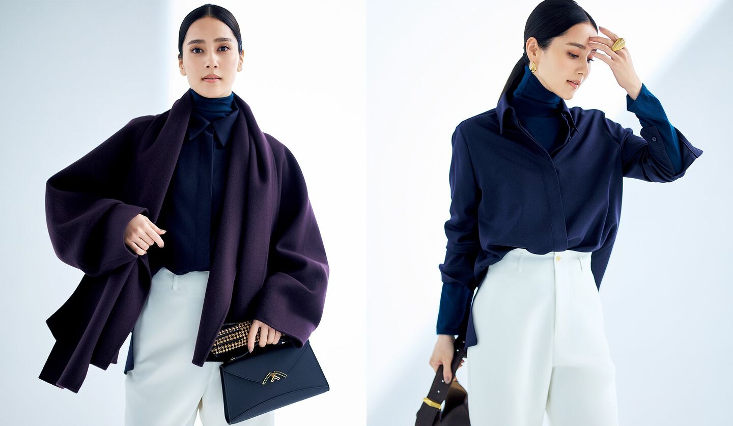 秋冬のコーディネートを纏ったモデルのAtsukoさん