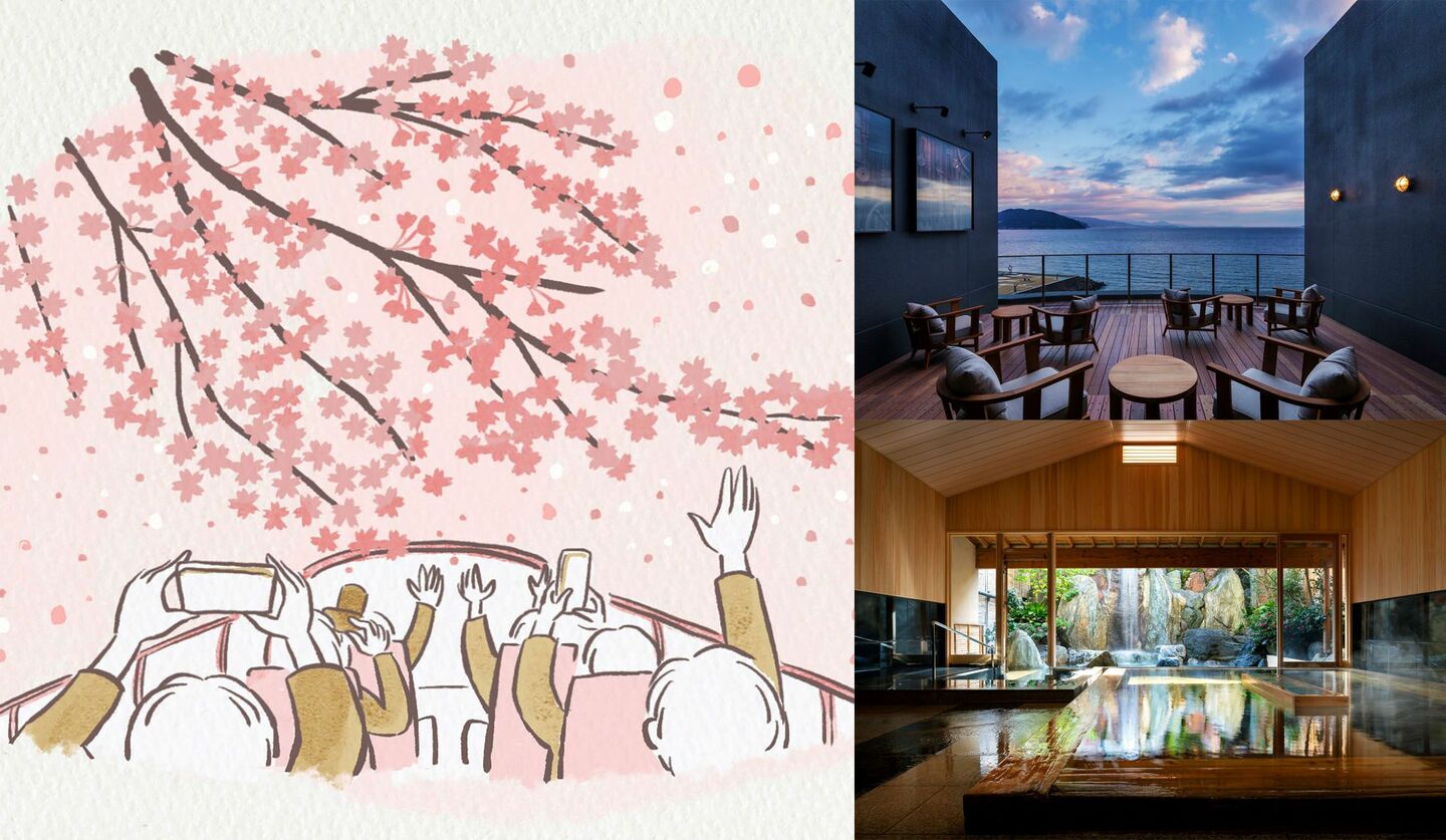 温泉旅館「界 伊東」と「界 アンジン」の外観と桜巡りツアーのイメージ
