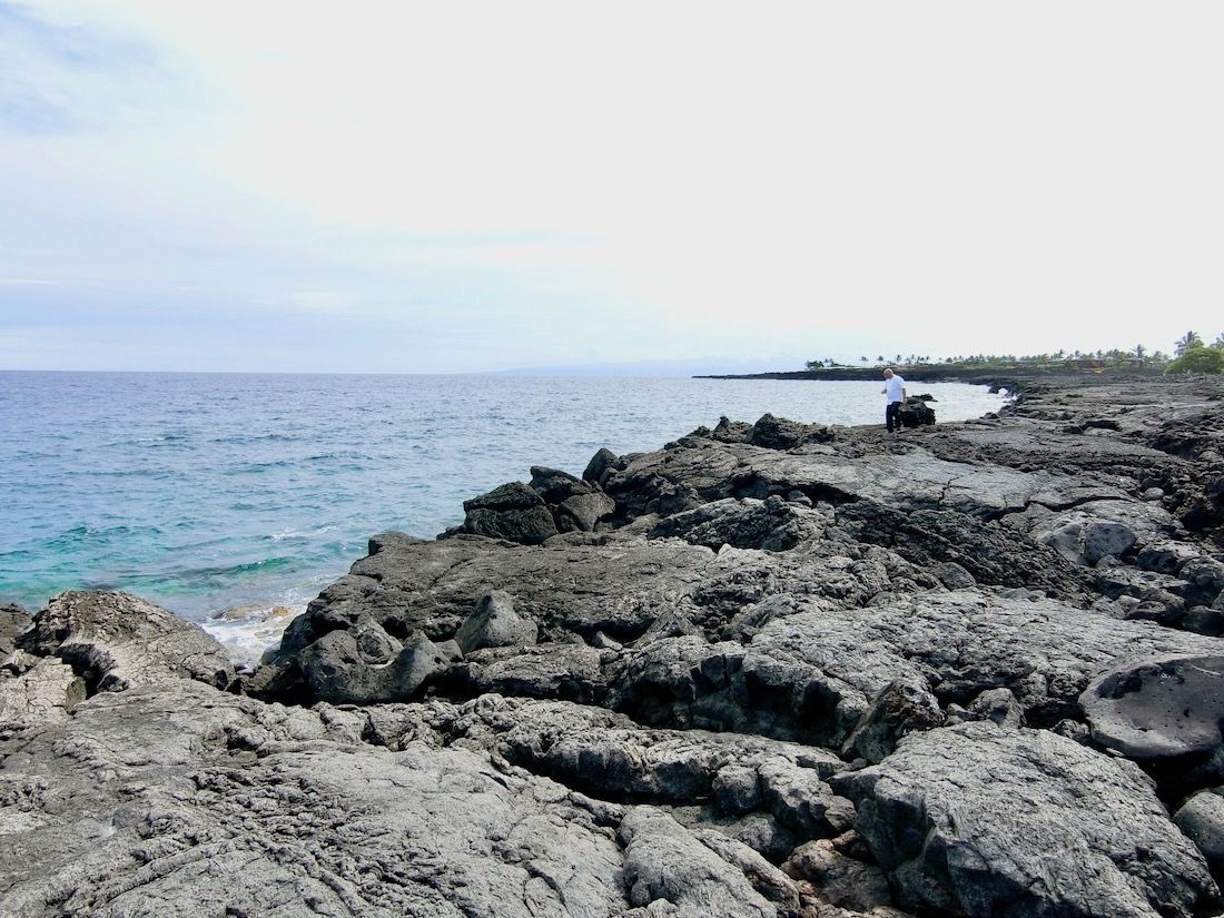 ハワイ島らしい溶岩の海辺で塩を採取する