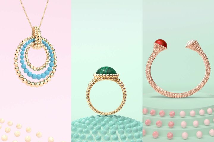左から／トランスフォーマブル ロングネックレス「ペルレ クルール」［イエローゴールド×コーラル・オニキス・ターコイズ］￥2,349,000・中／リング「ペルレ クルール」［イエローゴールド×マラカイト］￥264,600・左／ブレスレット「ペルレ クルール」［ピンクゴールド×ダイヤモンド×カーネリアン］￥2,052,000