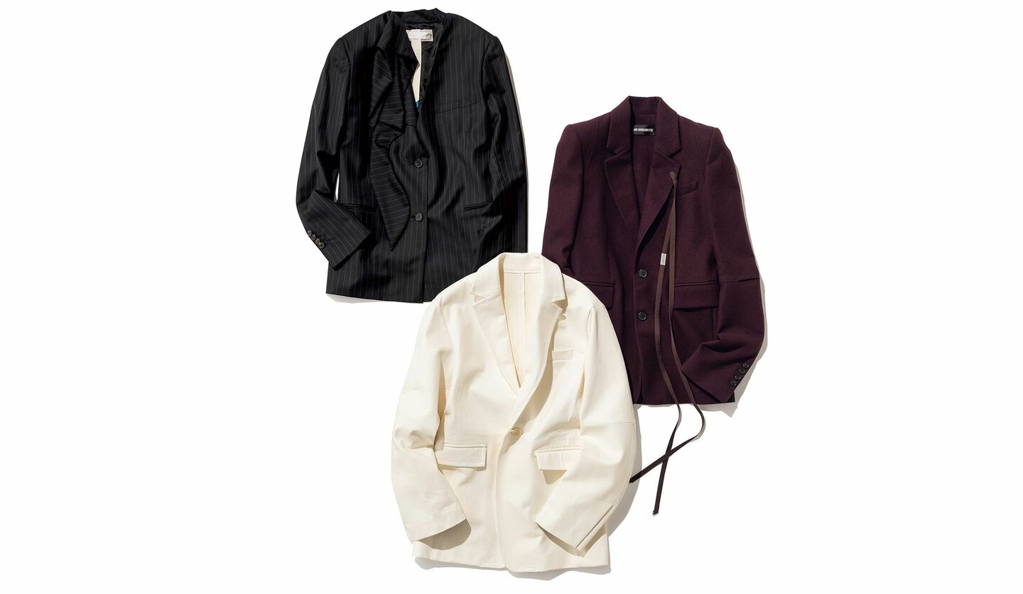 ダークトーンのオフィスコーデを着るモデルの写真と3種のハンサムジャケット