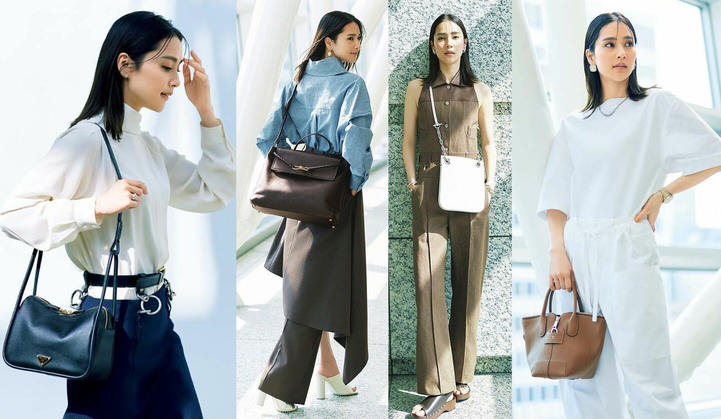 エルメス『クリケティス』、『フェラガモ ソフトバッグ』、BOTTEGA VENETA  『チャオ チャオ』のバッグに合わせた着こなし3つの写真