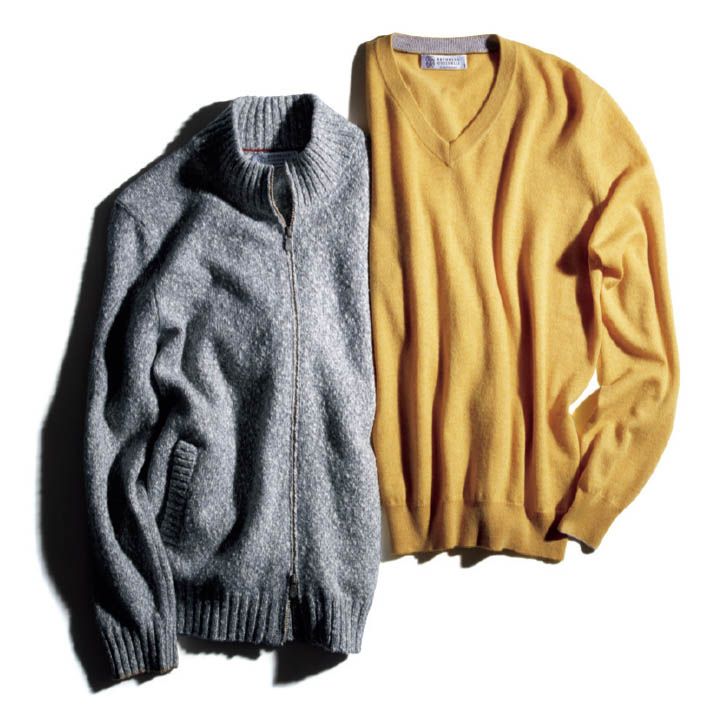 名品DATA 右から/ニット¥128,000・ジップアップブルゾン¥350,000(ブルネロ クチネリ ジャパン) ●素材:右/カシミア100%、左/ラムウール55%×カシミア45% ●サイズ展開:44~50 ●色展開:右/全7色、左/1色のみ