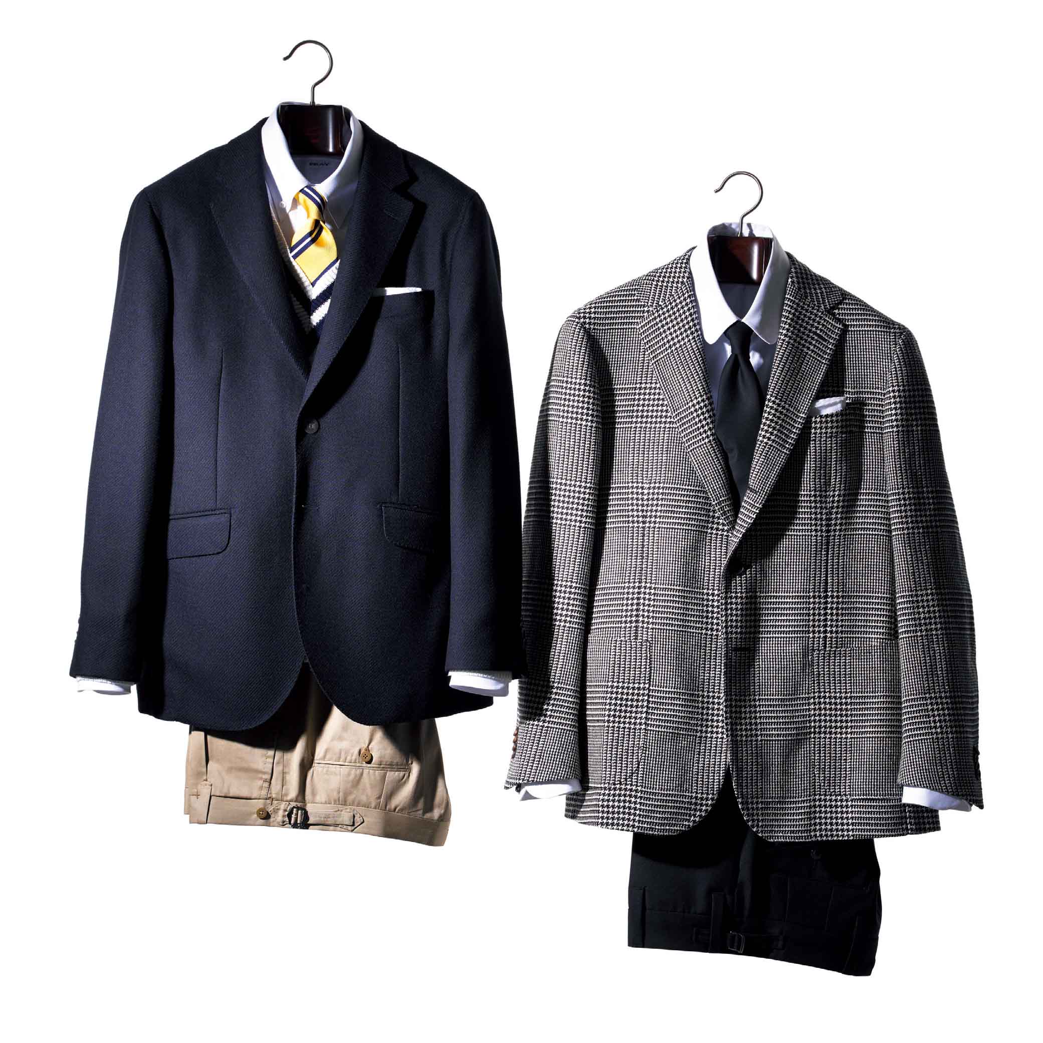 左/ジャケット¥75,000(ヴァルカナイズ・ロンドン〈ハケット ロンドン〉) ニット¥23,000〈モルガーノ〉・チーフ¥2,800〈ビームスF〉/以上ビームス 六本木ヒルズ シャツ¥49,000(バーニーズ ニューヨーク カスタマーセンター〈フライ〉) タイ¥25,000(ドレイクス 銀座店) パンツ¥69,000(伊勢丹新宿店〈レ スパーデ〉)右/ジャケット¥250,000〈スティレ ラティーノ〉・チーフ¥2,800〈ビームスF〉/以上ビームス 六本木ヒルズ シャツ¥29,000(トゥモローランド〈ブリエンヌ パリ〉)タイ¥20,000(インターブリッジ〈アーディ&シー 1956 ミラノ〉) パンツ¥40,000(伊勢丹新宿店〈ピーティー トリノ〉)