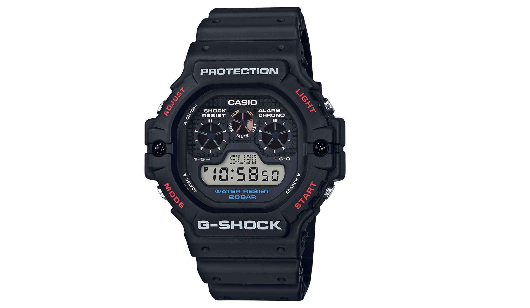 原点回帰をテーマによみがえった、初期G-SHOCKの傑作。1990年に海外で発売されて好評を博し、逆輸入で日本に上陸。G-SHOCKブームの火付け役の一つとなった。「3つ目」の愛称の由来と なった、アイコニックな3つのデジタルグラフィックから、文字盤表記の色に至るまで、オリジナルを忠実に再現。¥11,000(税抜)