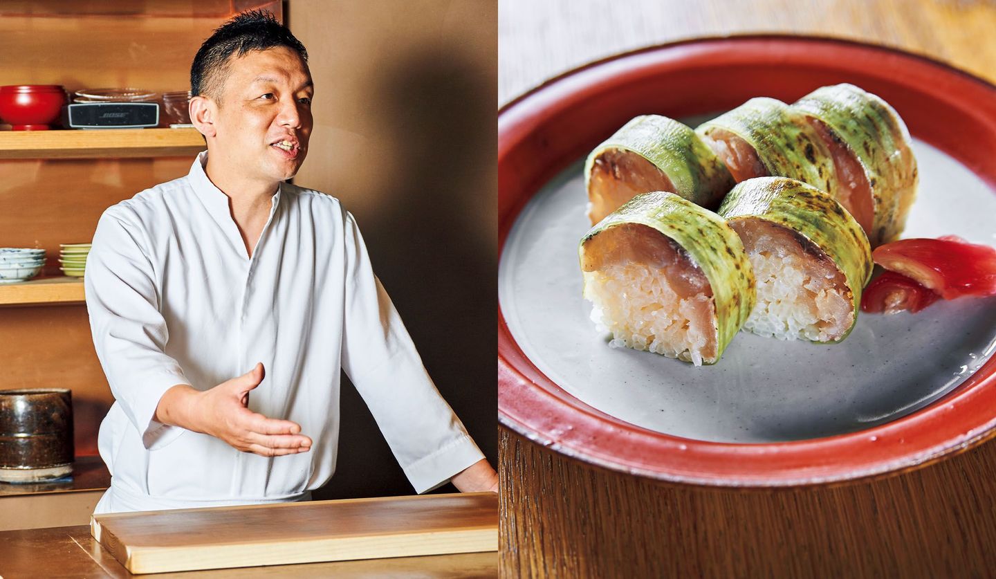 東京の和食店「てのしま」の店主と瀬戸内産「ヒラ」の棒寿司