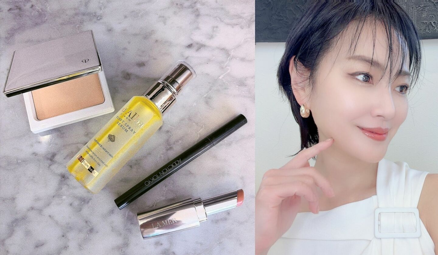 真樹麗子,クレ・ド・ポー ボーテのパウダリーファンデーション,ダルバの保湿ミスト,アディクションのバーガンディカラーのアイライナー,ラ・メールのトリートメントリップ
