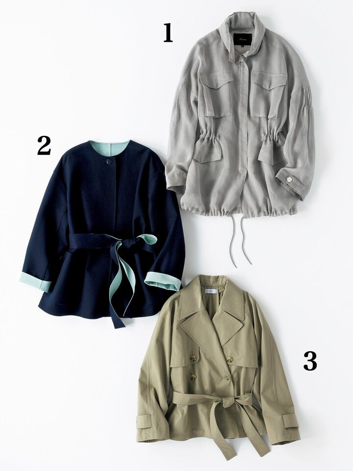 「ロゥタス」「シクラス」「イロット」のウエストシェイプのショート丈アウター