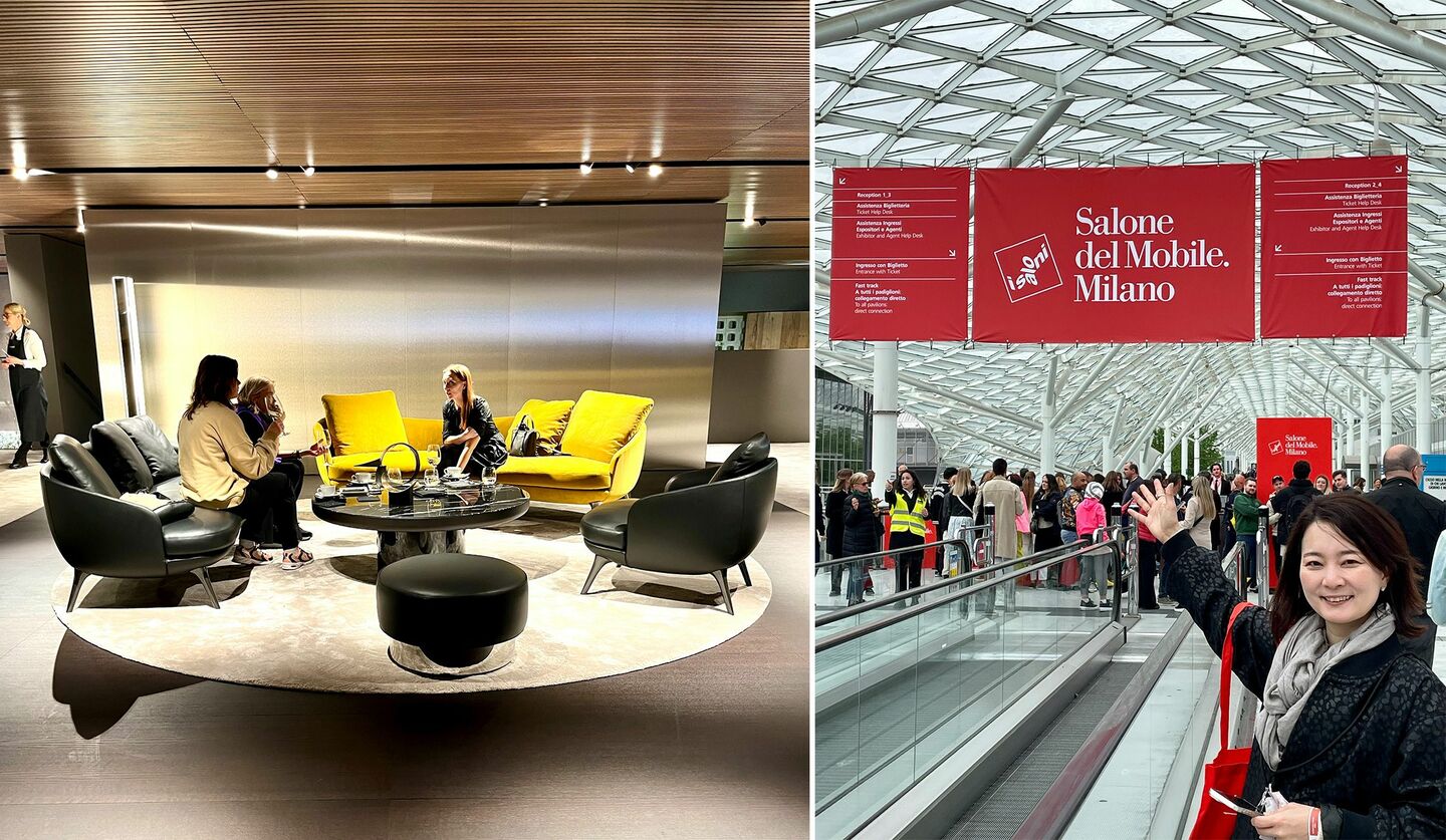 2023年「ミラノサローネ」の会場に展示されたミノッティのソファ『ラファエル』と、本会場「フィエラ・ミラノ」入口