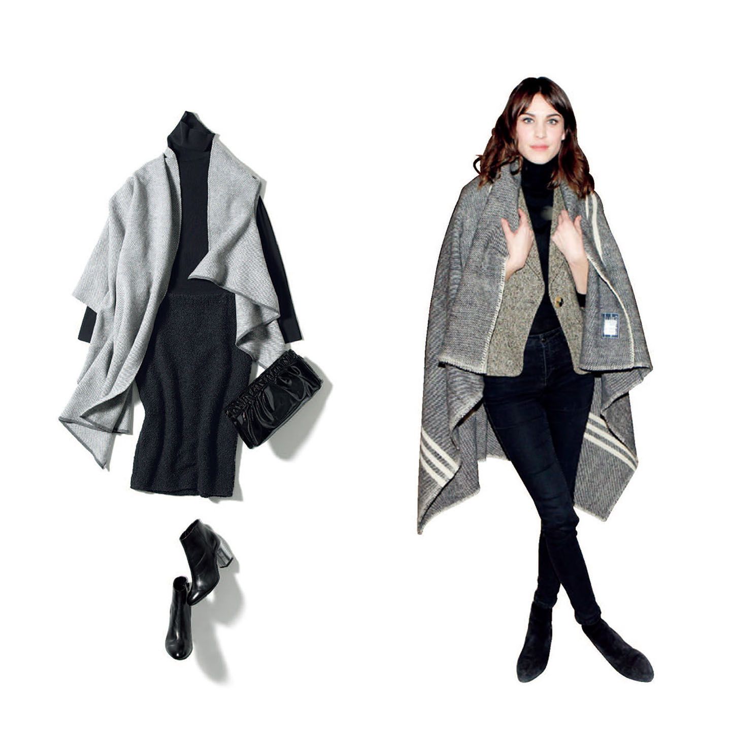 左/ニット¥25,000(Theory luxe)、スカート¥28,000(wb)、ストール¥52,000(プレインピープル丸の内〈プレインピープル〉)、バッグ¥48,000(yoshie inaba)、靴¥33,000(ファビオ ルスコーニ 六本木店〈ファビオ ルスコーニ〉)右/アレクサ・チャン ©︎AFLO