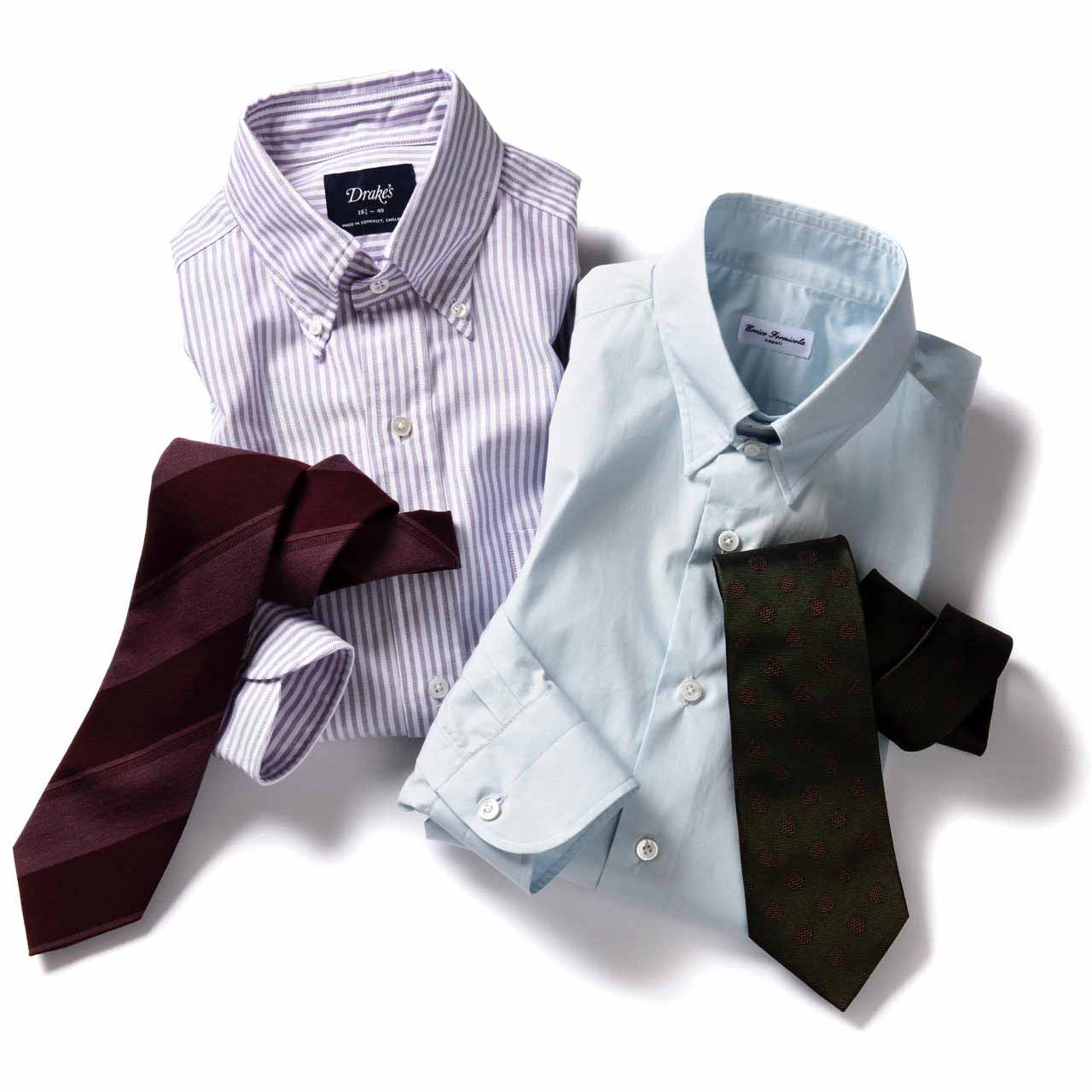 (左)シャツ¥25,000〈ドレイクス〉・タイ¥19,000〈ニッキー〉、(右)シャツ¥26,300・タイ¥16,300〈エリコ フォルミコラ〉/以上、シップス 銀座店